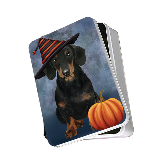 Happy Halloween Dachshund Dog Wearing Witch Hat with Pumpkin Photo Storage Tin PITN54883