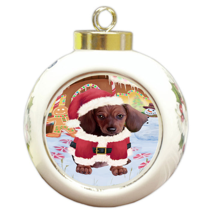 Christmas Gingerbread House Candyfest Dachshund Dog Round Ball Christmas Ornament RBPOR56584