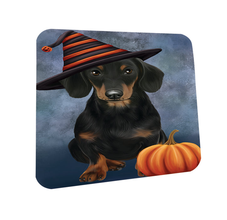 Happy Halloween Dachshund Dog Wearing Witch Hat with Pumpkin Coasters Set of 4 CST54898