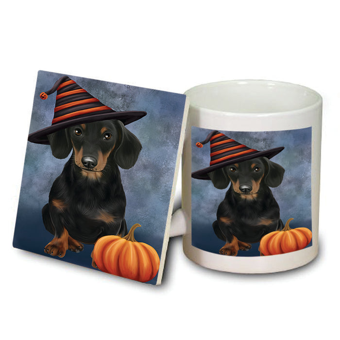 Happy Halloween Dachshund Dog Wearing Witch Hat with Pumpkin Mug and Coaster Set MUC54932
