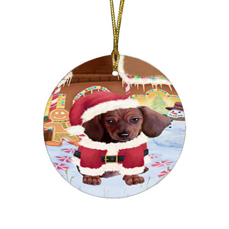 Christmas Gingerbread House Candyfest Dachshund Dog Round Flat Christmas Ornament RFPOR56584