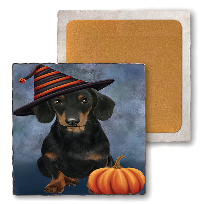 Happy Halloween Dachshund Dog Wearing Witch Hat with Pumpkin Set of 4 Natural Stone Marble Tile Coasters MCST49940