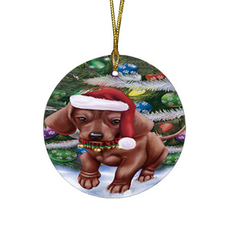 Trotting in the Snow Dachshund Dog Round Flat Christmas Ornament RFPOR54687