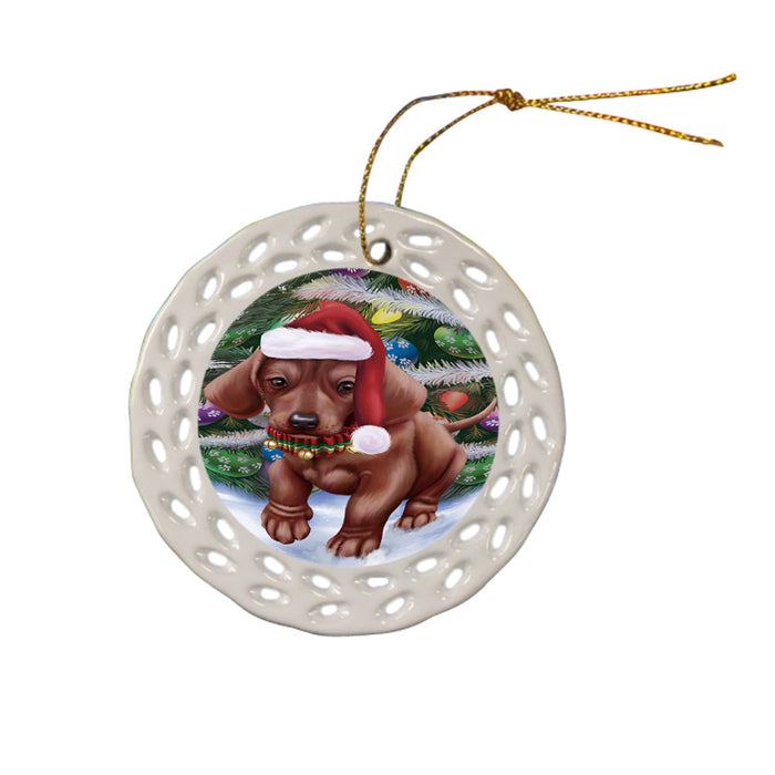Trotting in the Snow Dachshund Dog Ceramic Doily Ornament DPOR54696
