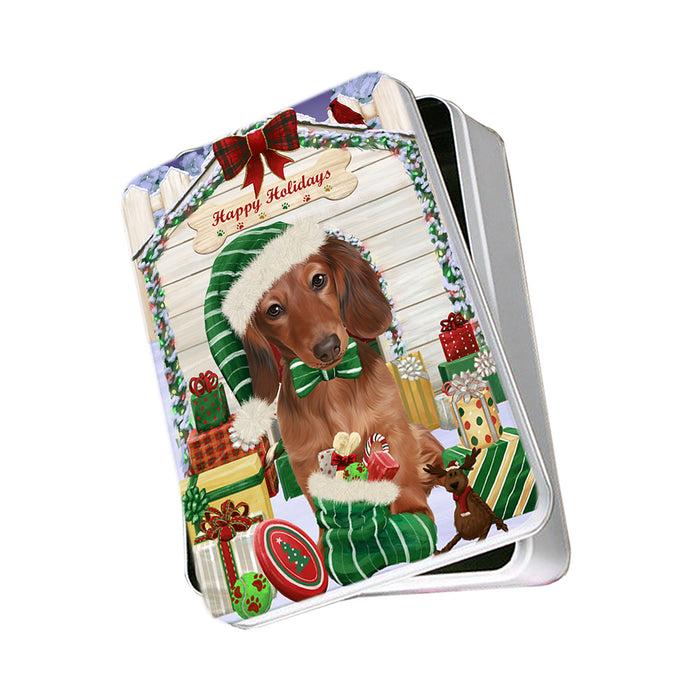 Happy Holidays Christmas Dachshund Dog House with Presents Photo Storage Tin PITN51381