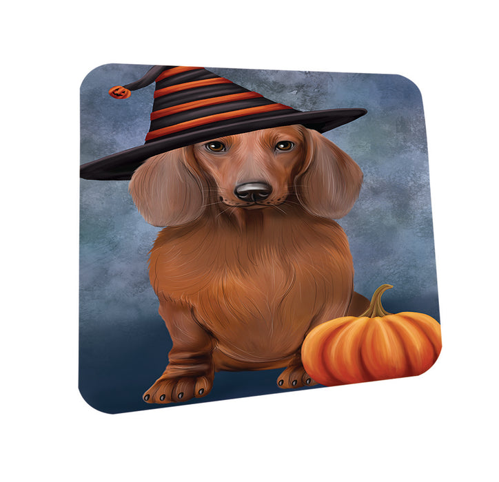 Happy Halloween Dachshund Dog Wearing Witch Hat with Pumpkin Coasters Set of 4 CST54899