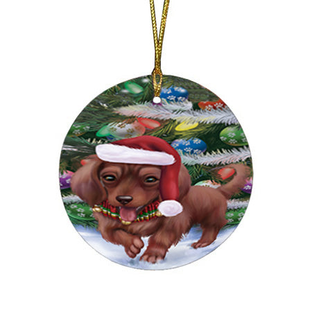 Trotting in the Snow Dachshund Dog Round Flat Christmas Ornament RFPOR54688