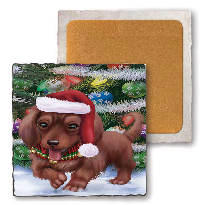 Trotting in the Snow Dachshund Dog Set of 4 Natural Stone Marble Tile Coasters MCST49569