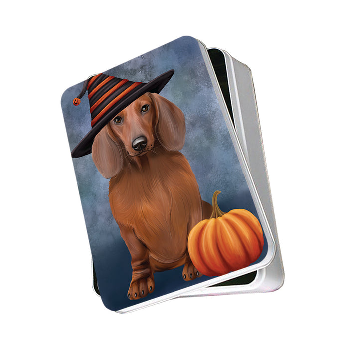 Happy Halloween Dachshund Dog Wearing Witch Hat with Pumpkin Photo Storage Tin PITN54884