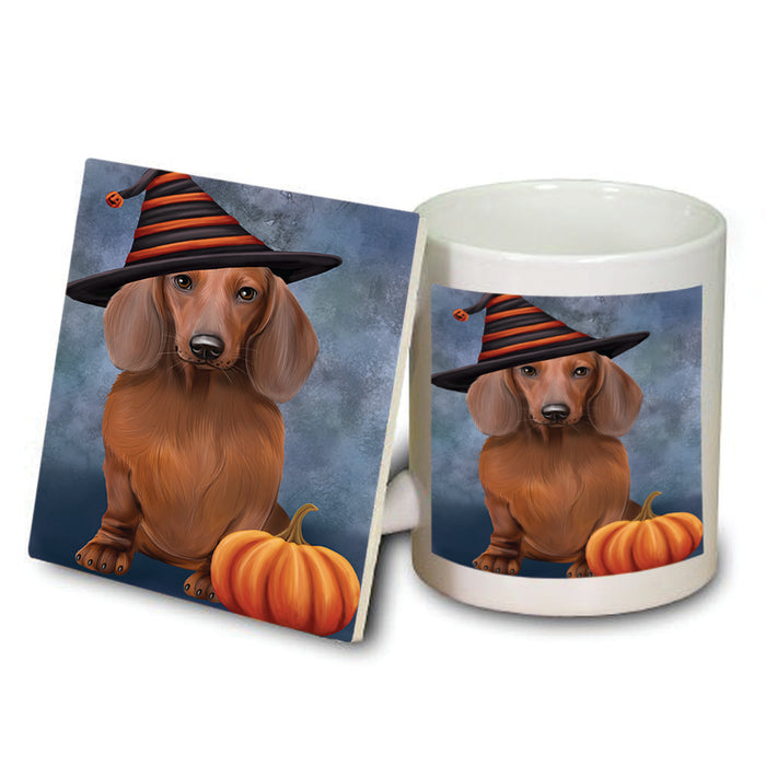 Happy Halloween Dachshund Dog Wearing Witch Hat with Pumpkin Mug and Coaster Set MUC54933