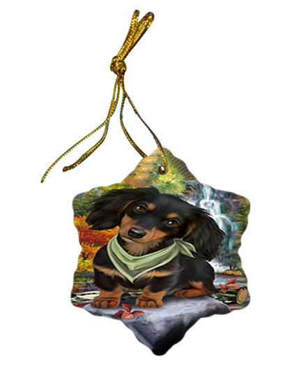 Scenic Waterfall Dachshund Dog Star Porcelain Ornament SPOR51858