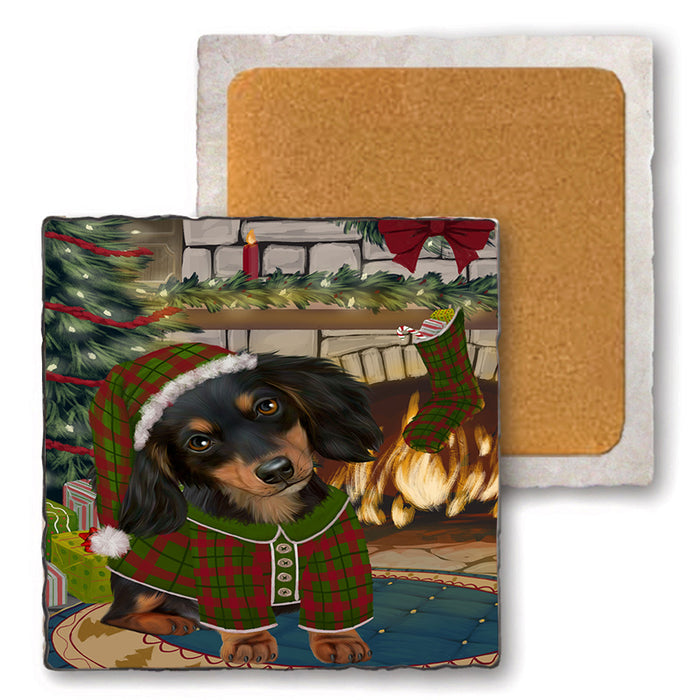 The Stocking was Hung Dachshund Dog Set of 4 Natural Stone Marble Tile Coasters MCST50293