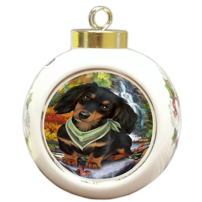 Scenic Waterfall Dachshund Dog Round Ball Christmas Ornament RBPOR51867