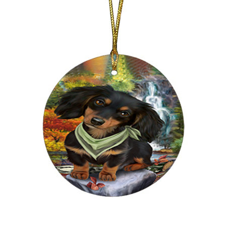 Scenic Waterfall Dachshund Dog Round Flat Christmas Ornament RFPOR51858