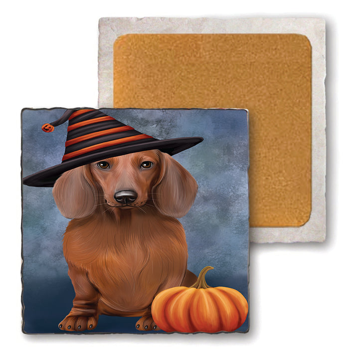 Happy Halloween Dachshund Dog Wearing Witch Hat with Pumpkin Set of 4 Natural Stone Marble Tile Coasters MCST49941