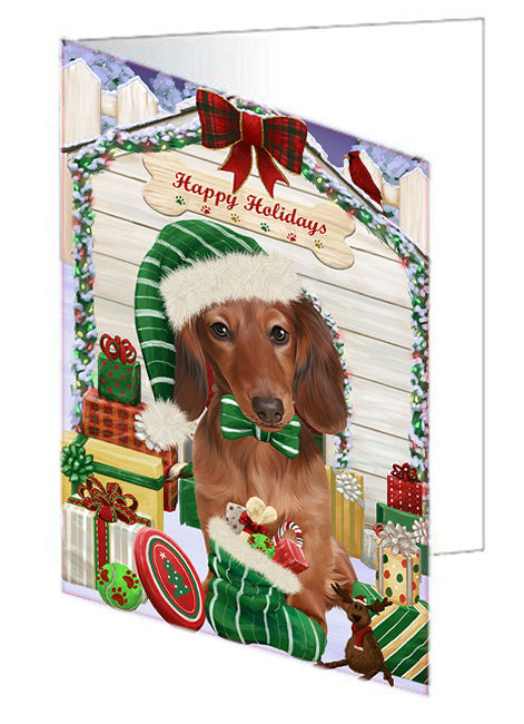 Happy Holidays Christmas Dachshund Dog House with Presents Handmade Artwork Assorted Pets Greeting Cards and Note Cards with Envelopes for All Occasions and Holiday Seasons GCD58172
