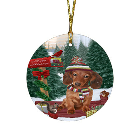 Merry Christmas Woodland Sled Dachshund Dog Round Flat Christmas Ornament RFPOR55277