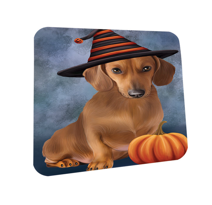 Happy Halloween Dachshund Dog Wearing Witch Hat with Pumpkin Coasters Set of 4 CST54900