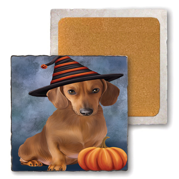 Happy Halloween Dachshund Dog Wearing Witch Hat with Pumpkin Set of 4 Natural Stone Marble Tile Coasters MCST49942