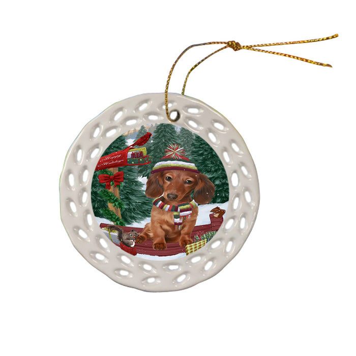 Merry Christmas Woodland Sled Dachshund Dog Ceramic Doily Ornament DPOR55277