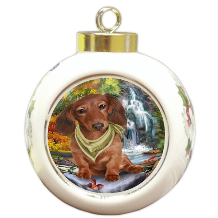 Scenic Waterfall Dachshund Dog Round Ball Christmas Ornament RBPOR51868