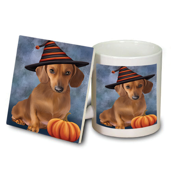 Happy Halloween Dachshund Dog Wearing Witch Hat with Pumpkin Mug and Coaster Set MUC54934