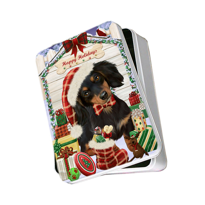 Happy Holidays Christmas Dachshund Dog House with Presents Photo Storage Tin PITN51382