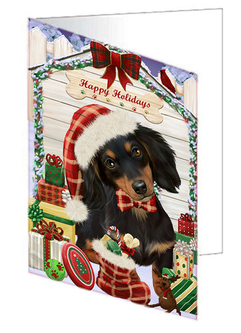 Happy Holidays Christmas Dachshund Dog House with Presents Handmade Artwork Assorted Pets Greeting Cards and Note Cards with Envelopes for All Occasions and Holiday Seasons GCD58175