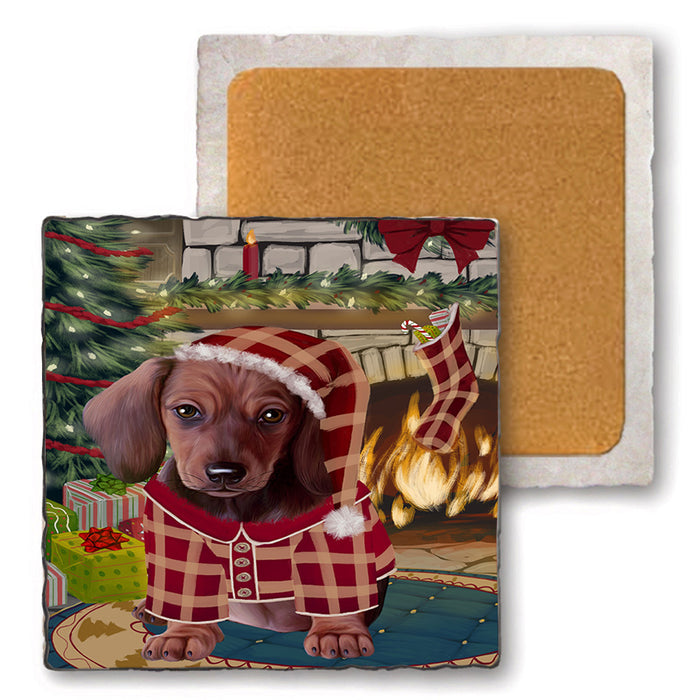 The Stocking was Hung Dachshund Dog Set of 4 Natural Stone Marble Tile Coasters MCST50294