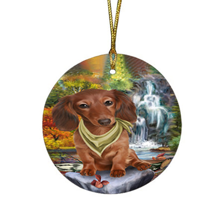 Scenic Waterfall Dachshund Dog Round Flat Christmas Ornament RFPOR51859