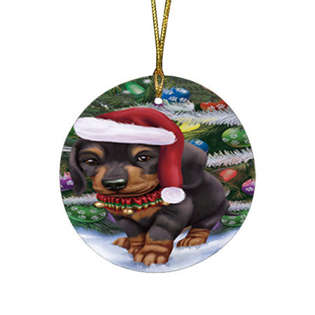 Trotting in the Snow Dachshund Dog Round Flat Christmas Ornament RFPOR54689