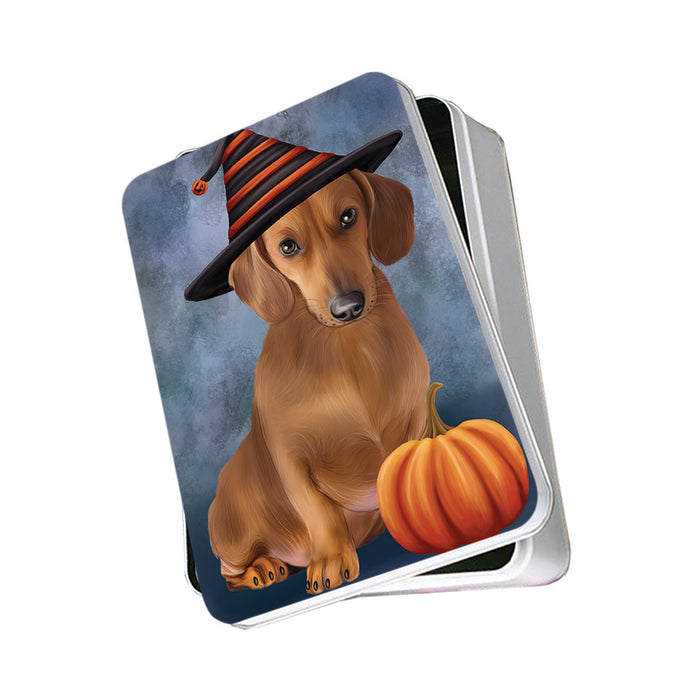 Happy Halloween Dachshund Dog Wearing Witch Hat with Pumpkin Photo Storage Tin PITN54885