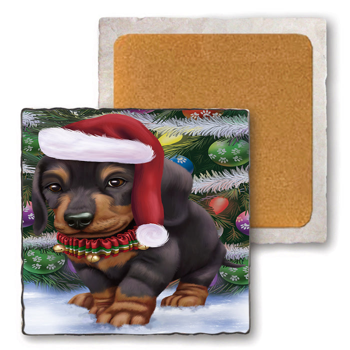 Trotting in the Snow Dachshund Dog Set of 4 Natural Stone Marble Tile Coasters MCST49570