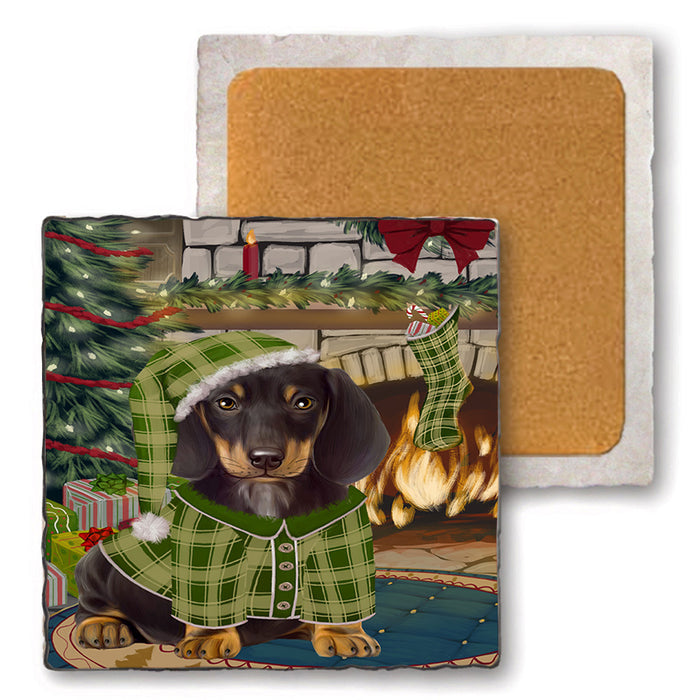The Stocking was Hung Dachshund Dog Set of 4 Natural Stone Marble Tile Coasters MCST50295
