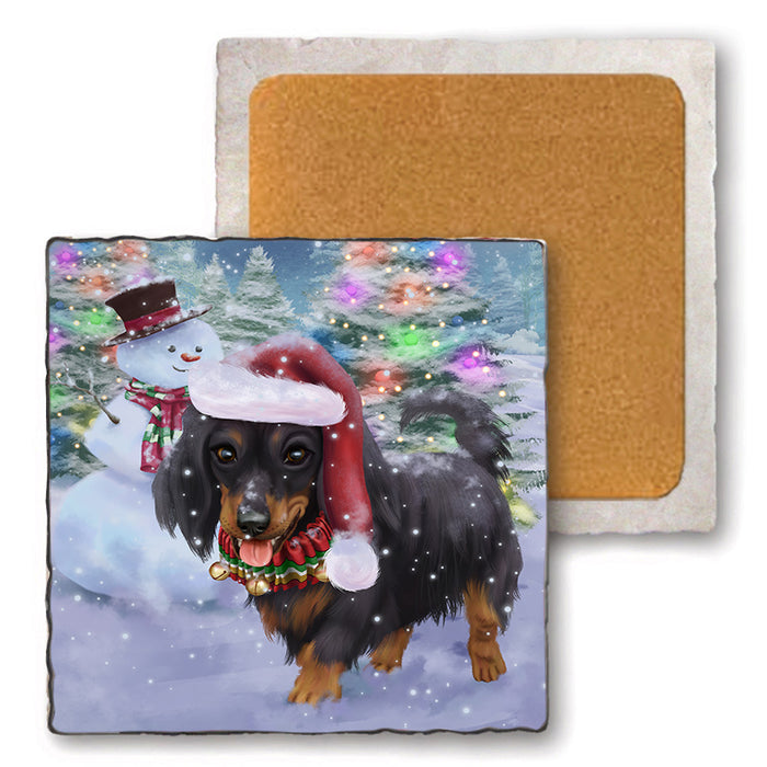 Trotting in the Snow Dachshund Dog Set of 4 Natural Stone Marble Tile Coasters MCST49571