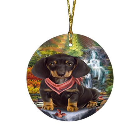 Scenic Waterfall Dachshund Dog Round Flat Christmas Ornament RFPOR51860