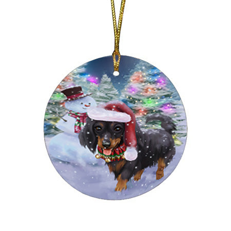 Trotting in the Snow Dachshund Dog Round Flat Christmas Ornament RFPOR54690