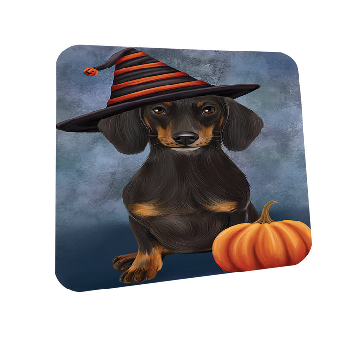 Happy Halloween Dachshund Dog Wearing Witch Hat with Pumpkin Coasters Set of 4 CST54901