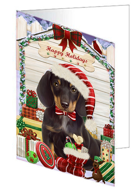 Happy Holidays Christmas Dachshund Dog House with Presents Handmade Artwork Assorted Pets Greeting Cards and Note Cards with Envelopes for All Occasions and Holiday Seasons GCD58178