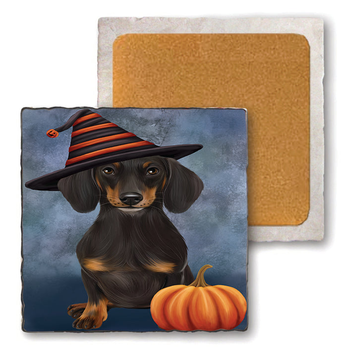 Happy Halloween Dachshund Dog Wearing Witch Hat with Pumpkin Set of 4 Natural Stone Marble Tile Coasters MCST49943