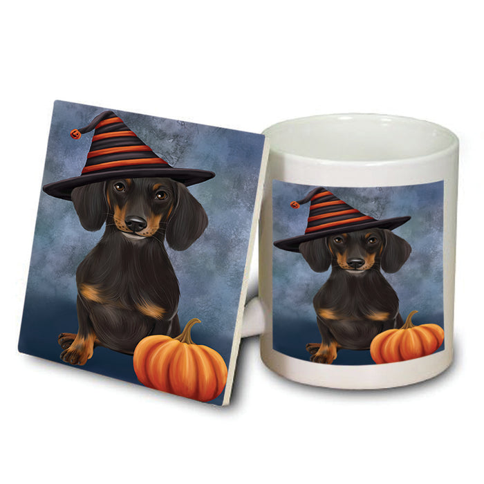 Happy Halloween Dachshund Dog Wearing Witch Hat with Pumpkin Mug and Coaster Set MUC54935
