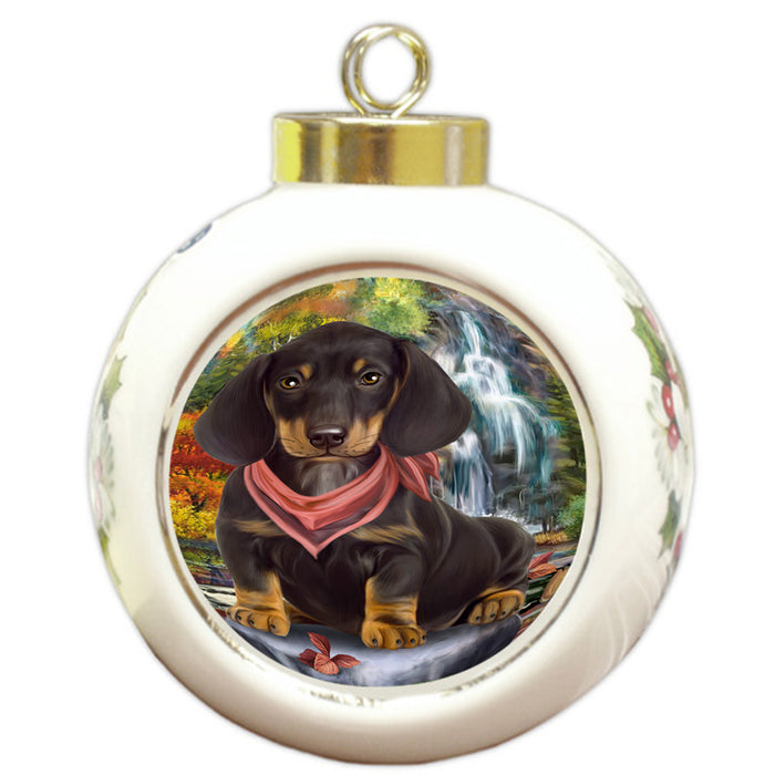 Scenic Waterfall Dachshund Dog Round Ball Christmas Ornament RBPOR51869