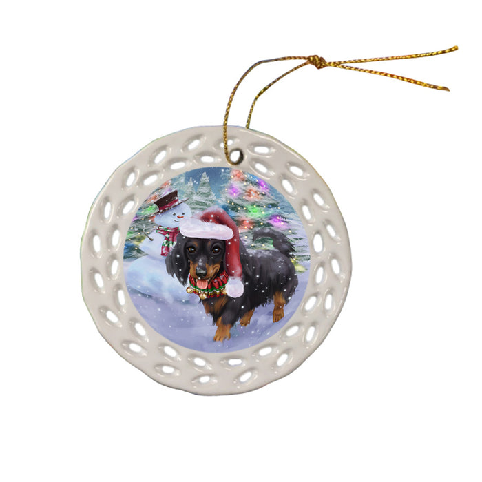 Trotting in the Snow Dachshund Dog Ceramic Doily Ornament DPOR54699