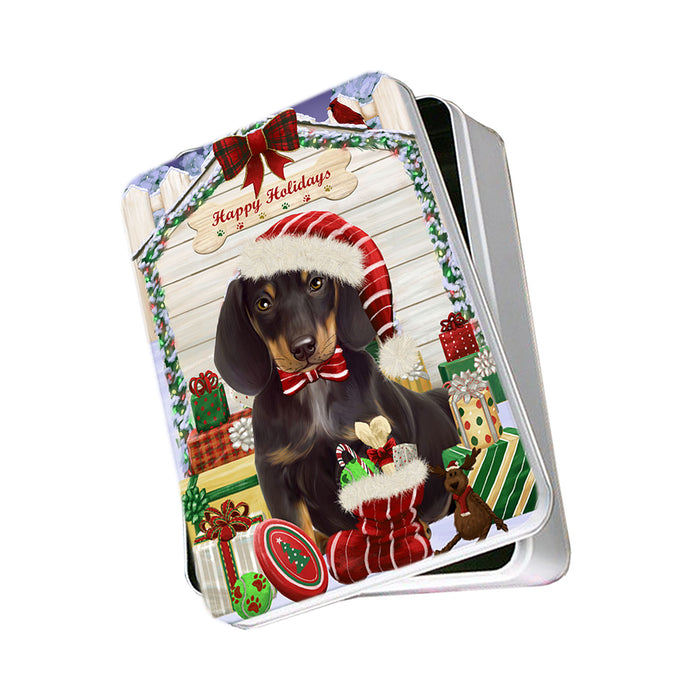 Happy Holidays Christmas Dachshund Dog House with Presents Photo Storage Tin PITN51383