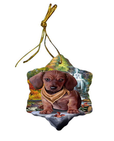 Scenic Waterfall Dachshund Dog Star Porcelain Ornament SPOR51861