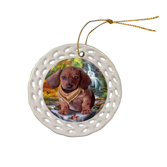 Scenic Waterfall Dachshund Dog Ceramic Doily Ornament DPOR51870