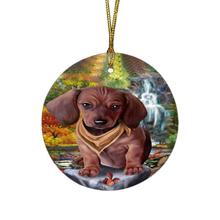 Scenic Waterfall Dachshund Dog Round Flat Christmas Ornament RFPOR51861