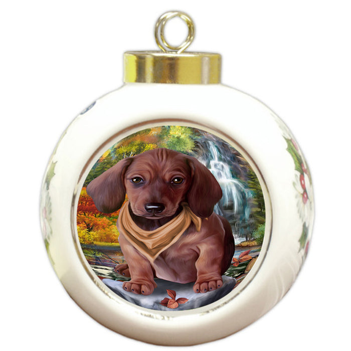 Scenic Waterfall Dachshund Dog Round Ball Christmas Ornament RBPOR51870