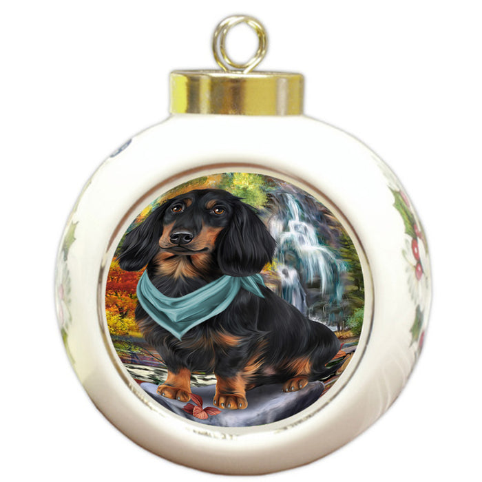 Scenic Waterfall Dachshund Dog Round Ball Christmas Ornament RBPOR51871