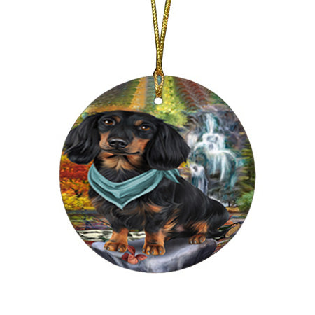 Scenic Waterfall Dachshund Dog Round Flat Christmas Ornament RFPOR51862
